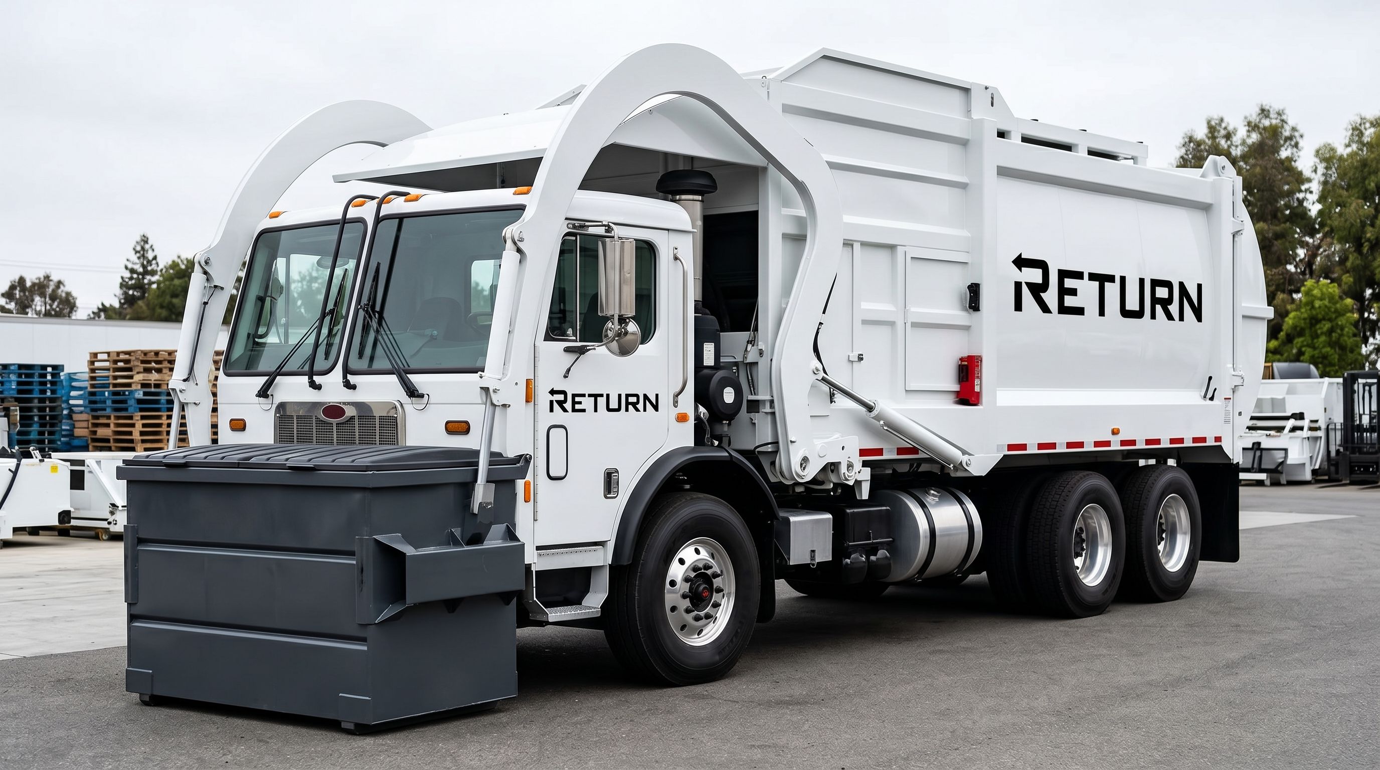 A clean white Return commercial front-load garbage truck lifting a dumpster